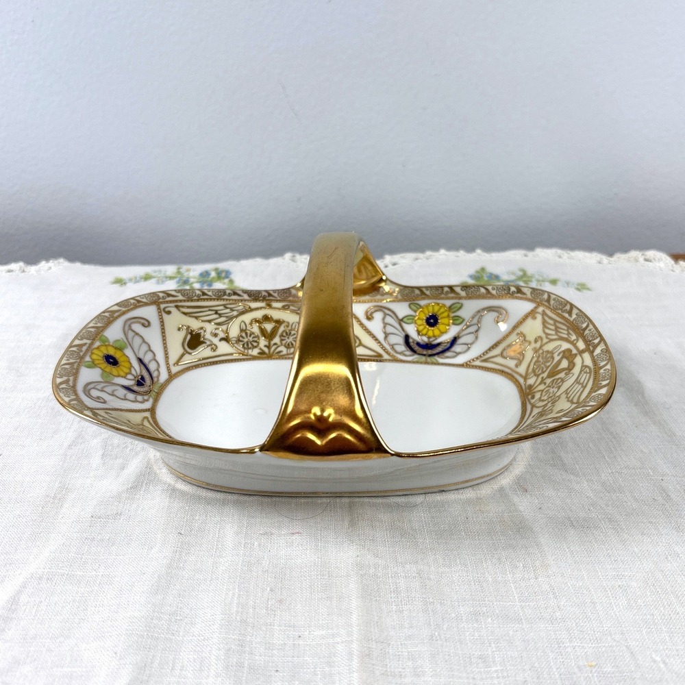 Antique Noritake Nippon Hand Painted Gold Moriage Sunflower Porcelain Basket